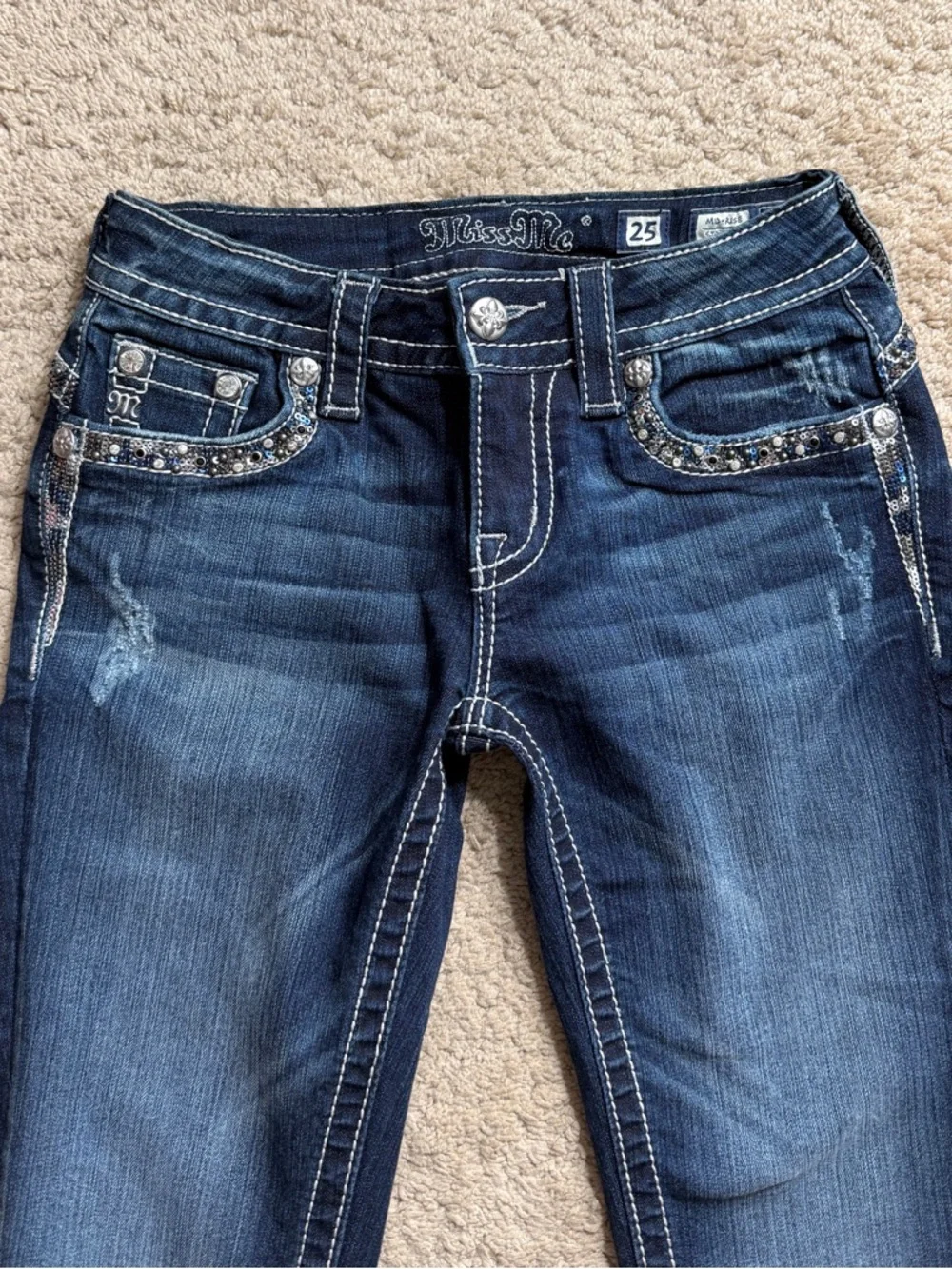 Womens Miss Me Jeans Size 25 Mid Rise Straight Rhinestone Y2K Sequins Blue Denim - Picture 2 of 9